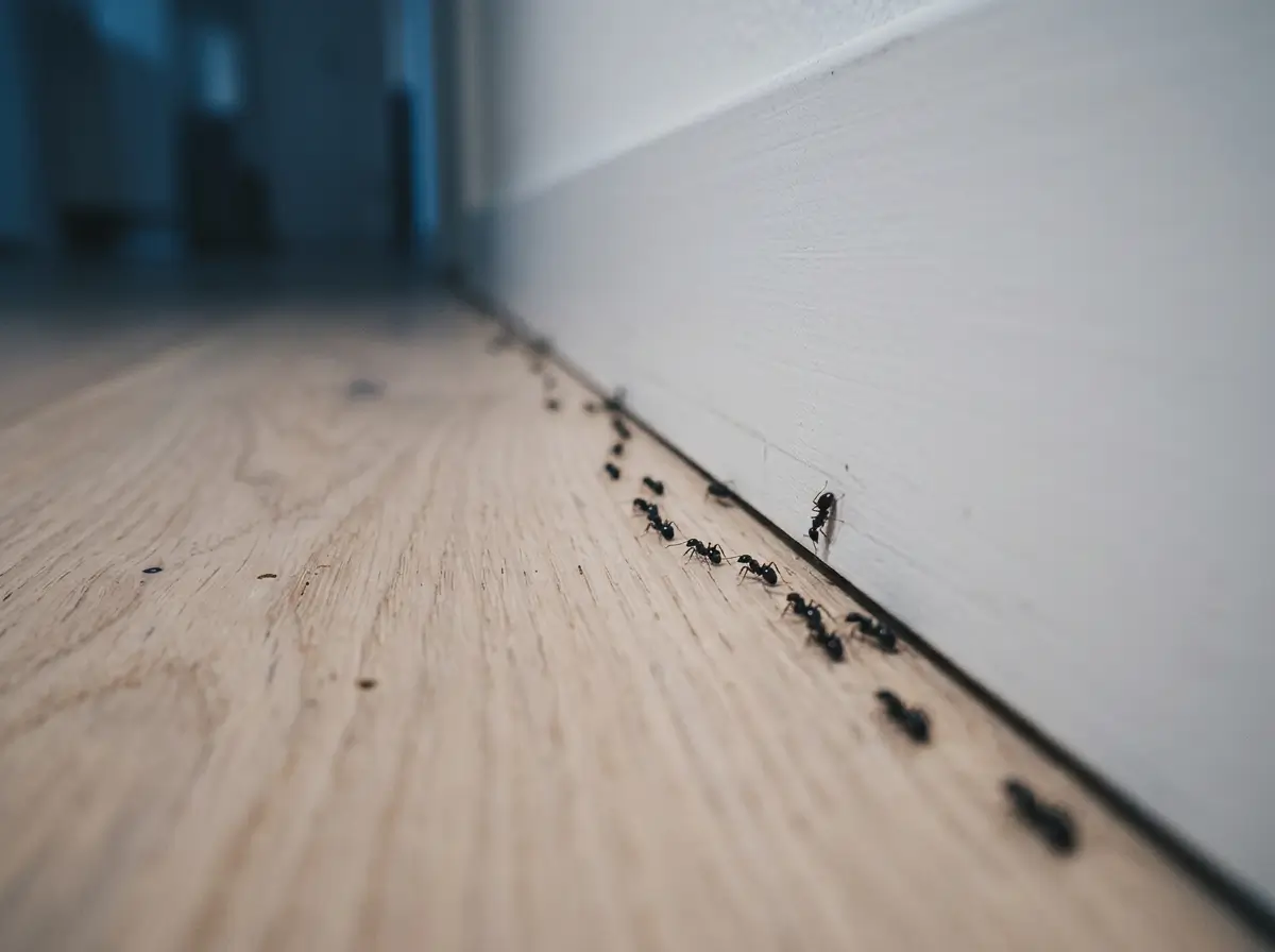 Trilha de formigas em piso de madeira