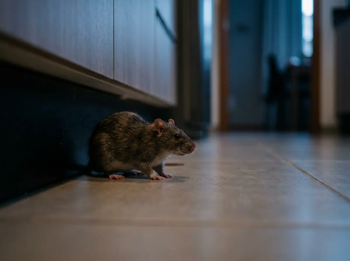 Rato ao lado de armário de cozinha